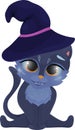 Funny black cat, illustration. Vampire cat and magic hat, halloween clipart Royalty Free Stock Photo